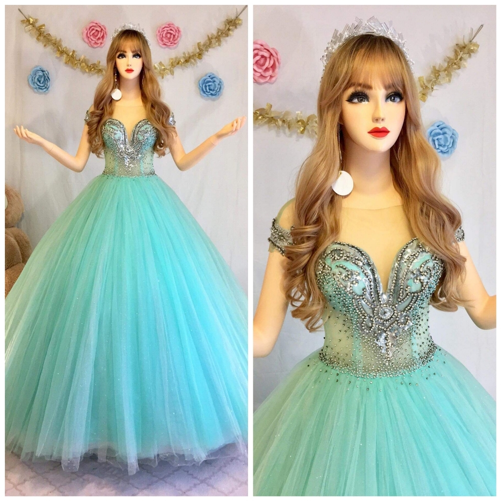 Off Shoulder Mint Green Gown